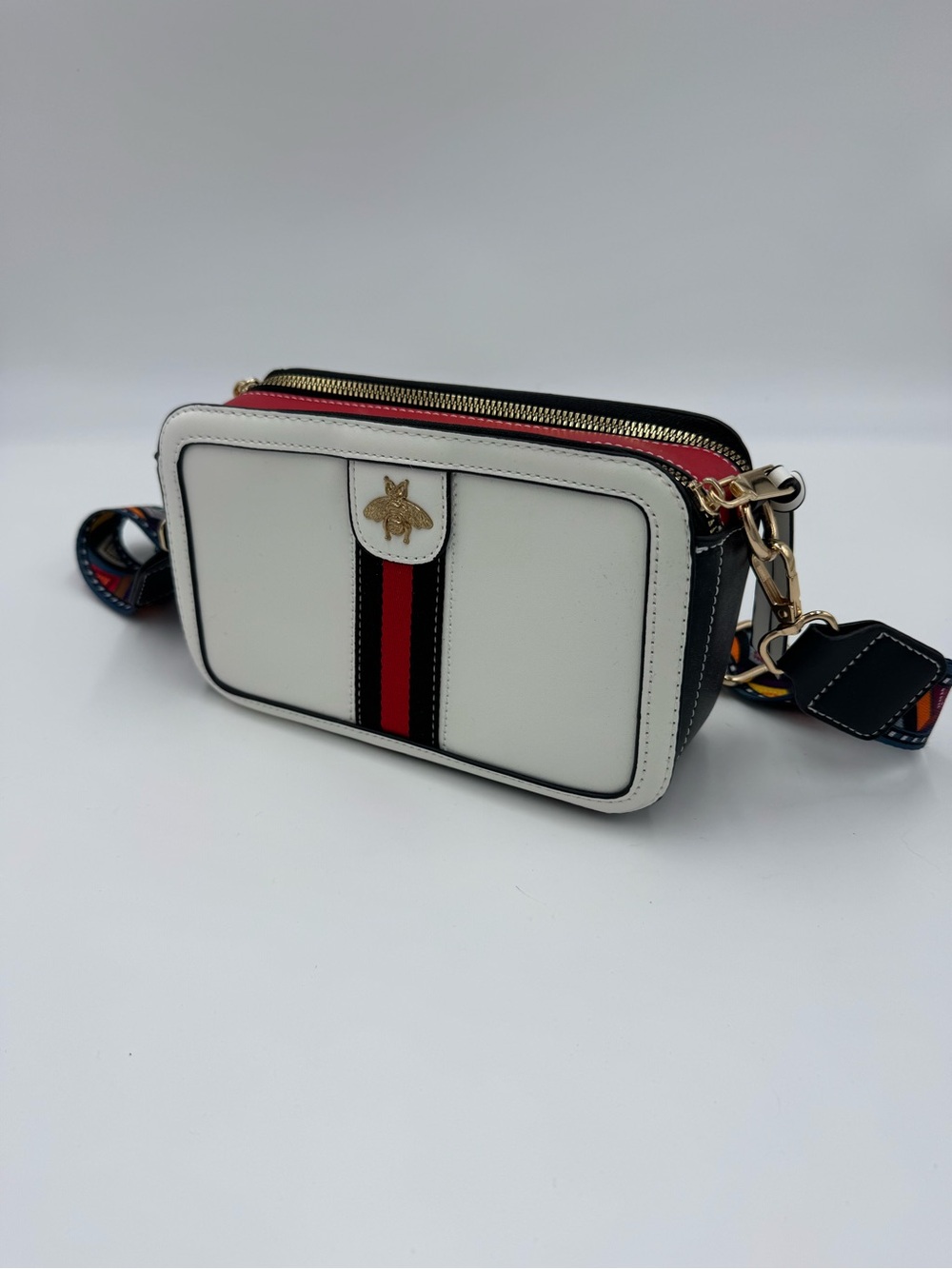 White Faux Leather Crossbody with Red & Black Center Stripe